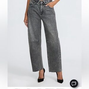 Express Mid Rise Washed Black Raw Hem Barrel Jean